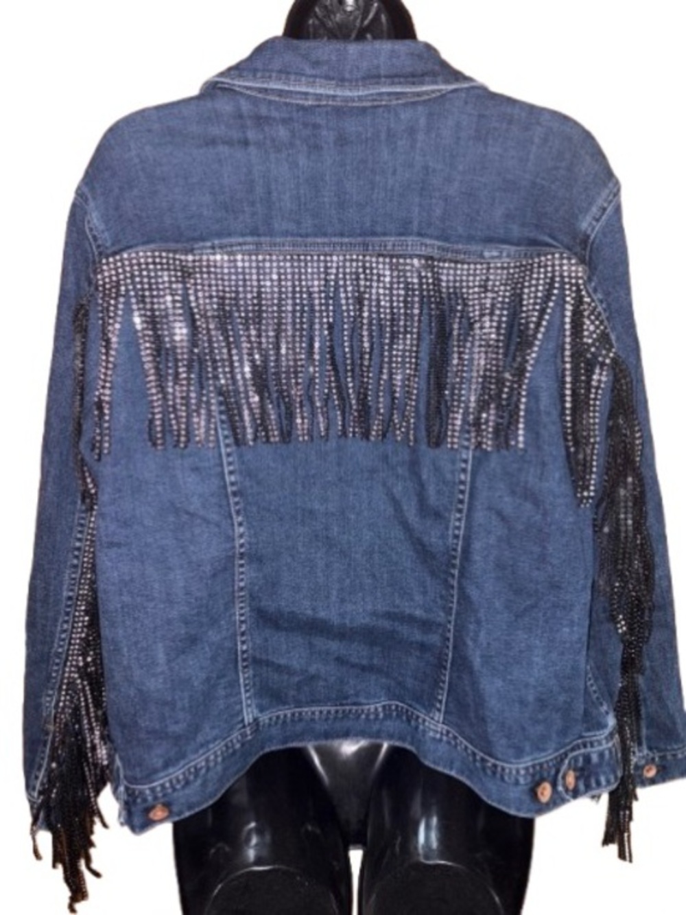Lands' End Dark Blue Denim Jean Jacket with sequin fringe size 1X